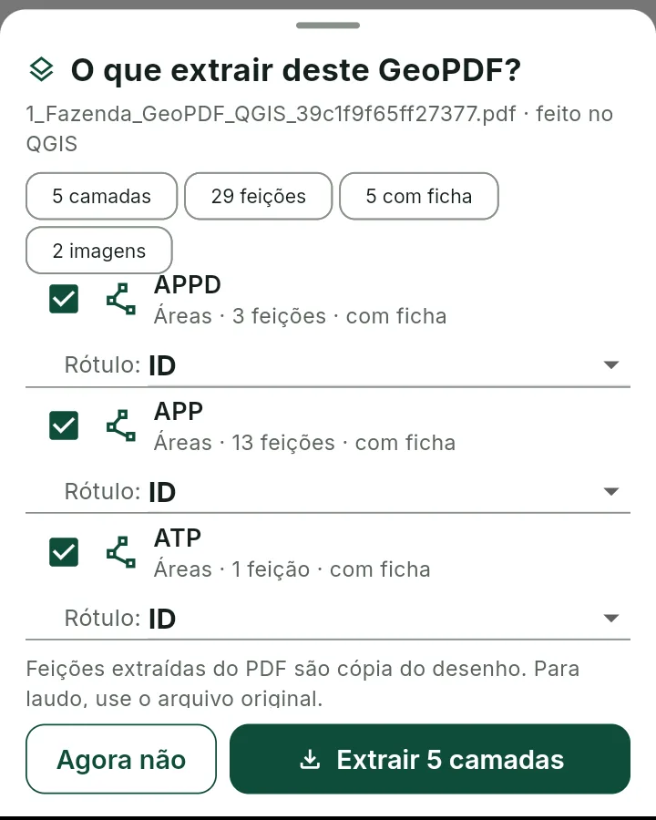 Tela do ForestMap perguntando quais camadas extrair de um GeoPDF feito no QGIS: 5 camadas e 29 feições