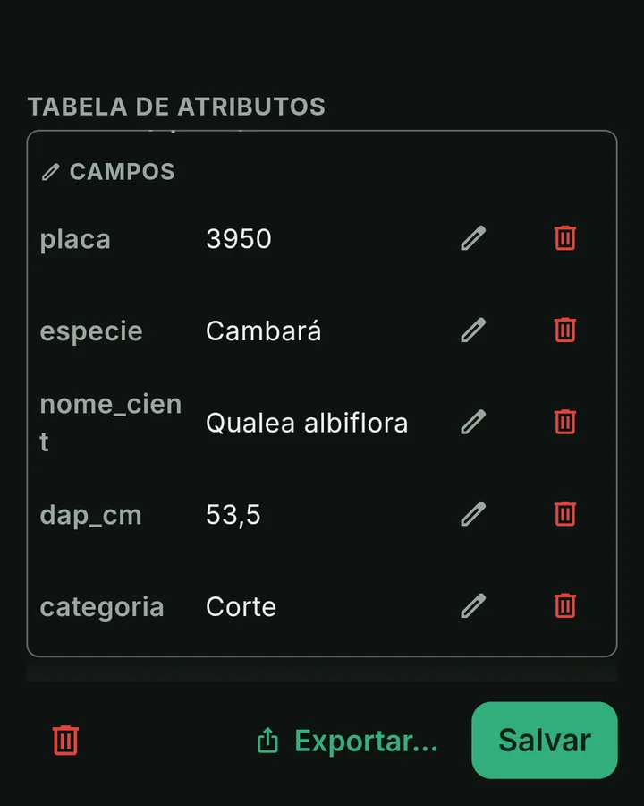 Ficha de uma árvore no inventário do ForestMap: placa 3950, Cambará, Qualea albiflora, DAP 53,5 cm, categoria Corte