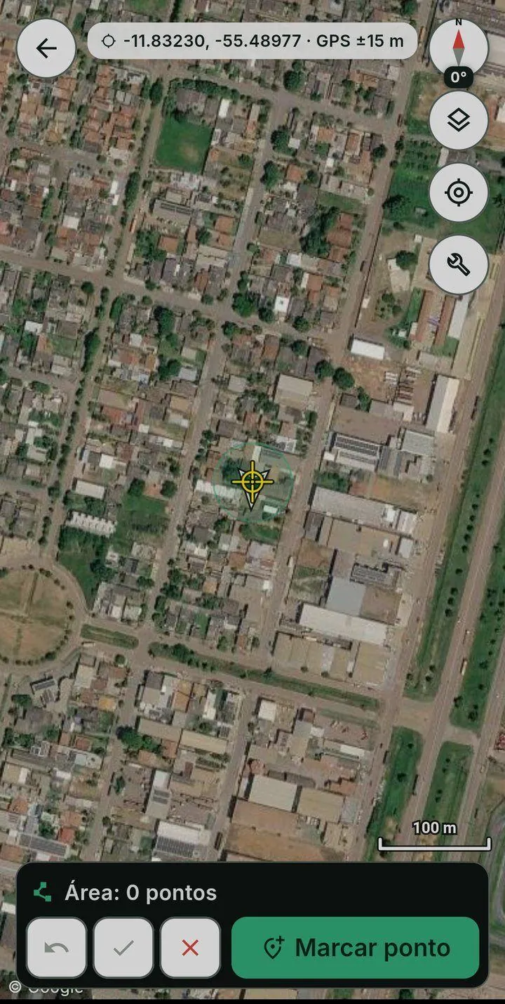 Ferramenta Desenhar área ativa: mira no centro do mapa, barra com contagem de pontos, desfazer, confirmar e cancelar