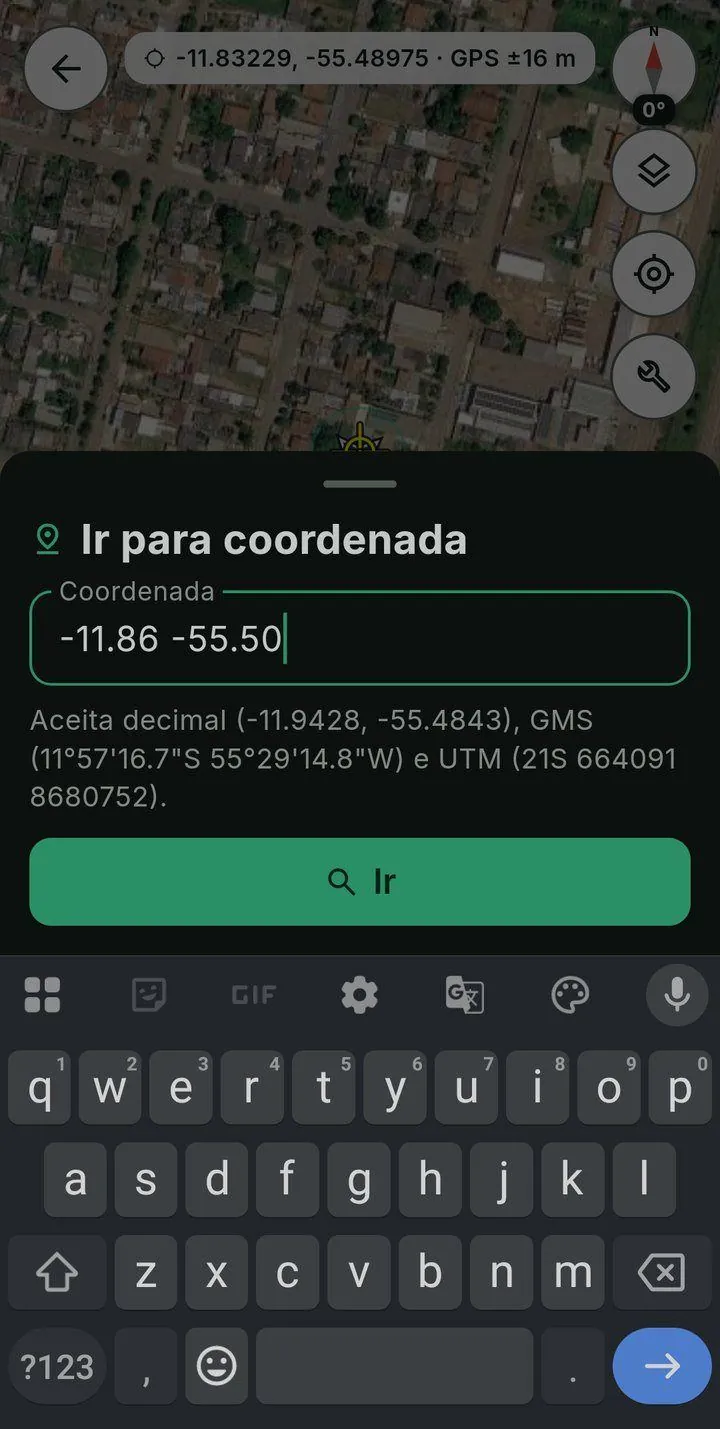 Folha Ir para coordenada com a coordenada -11.86 -55.50 digitada e a nota de que aceita decimal, GMS e UTM