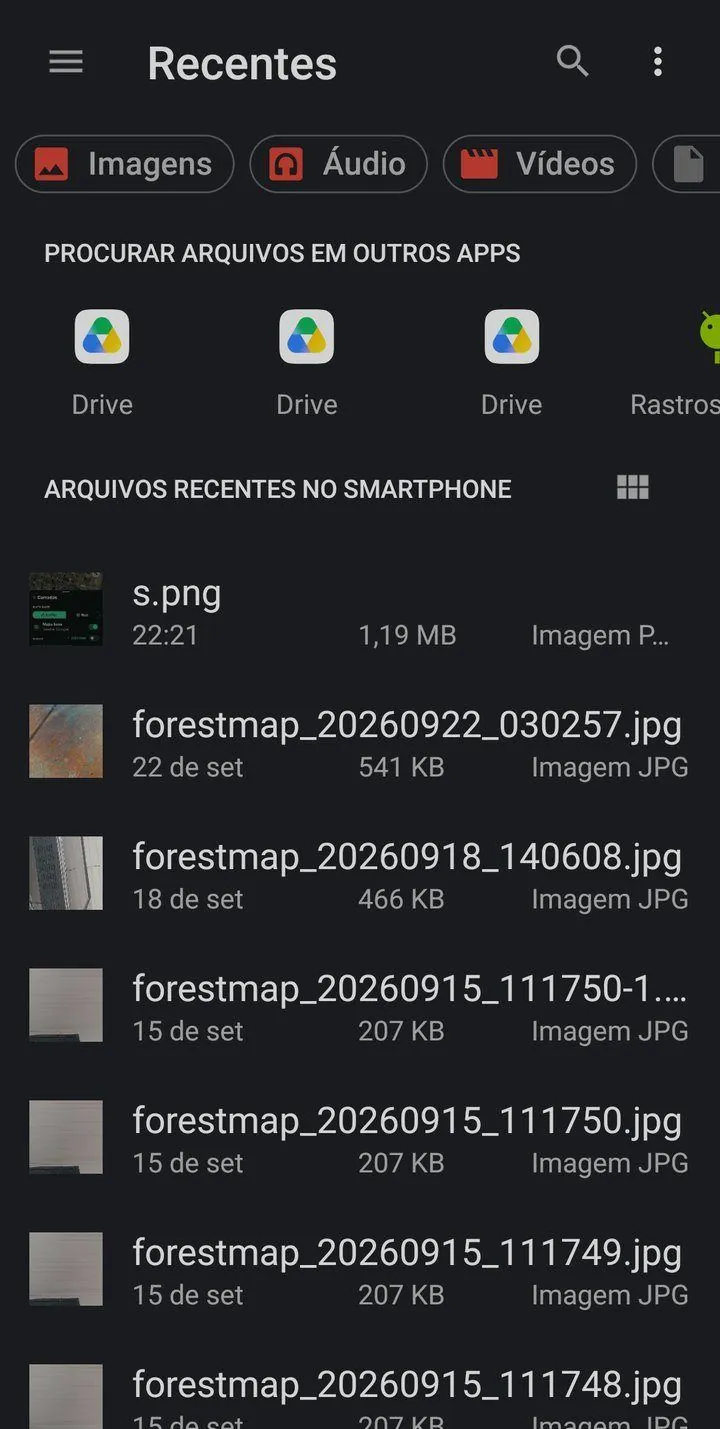 Seletor de arquivos do Android aberto pelo ForestMap, mostrando os arquivos recentes do aparelho