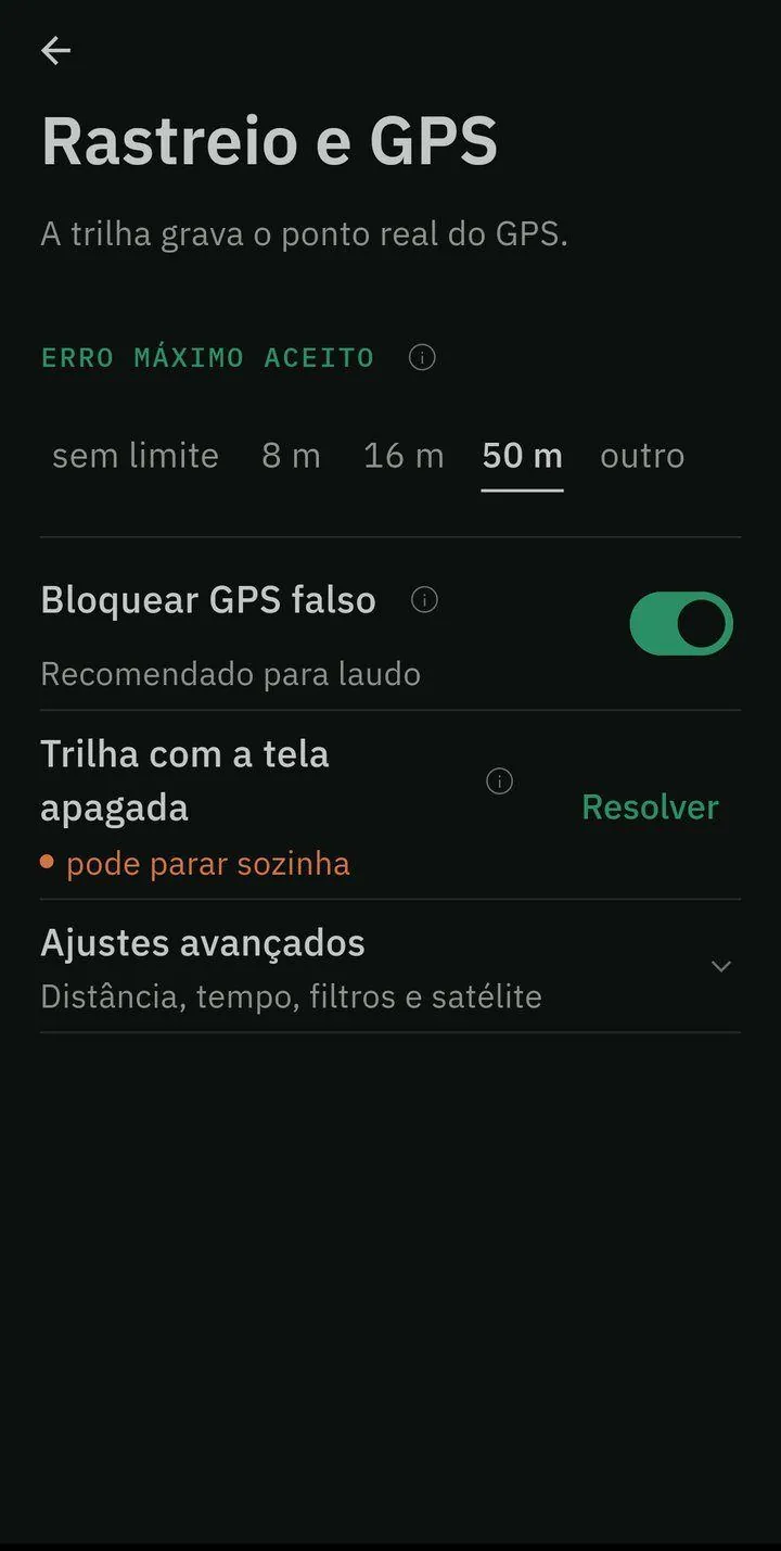 Tela Rastreio e GPS: erro máximo aceito com 50 m marcado, Bloquear GPS falso ligado, aviso sobre trilha com a tela apagada e Ajustes avançados